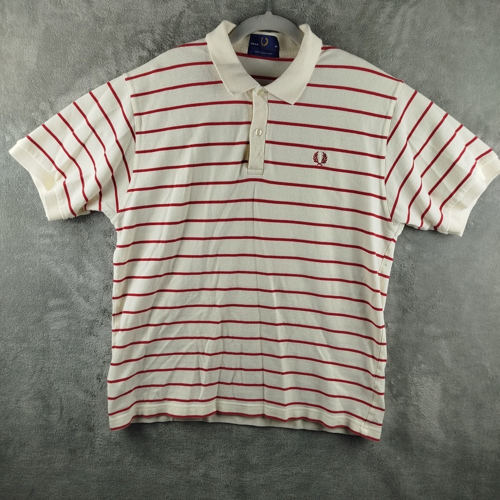 Fred Perry Polo Shirt Mens 46 XL Beige Red Striped Pique Short Sleeve Golf
